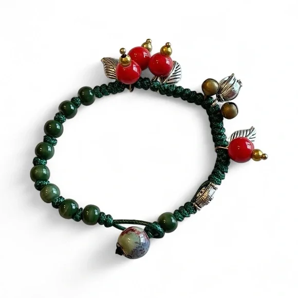 Holly Berry Red Bracelet Ceramic Beads Boho Green Silver Small Size - Picture 6 of 7